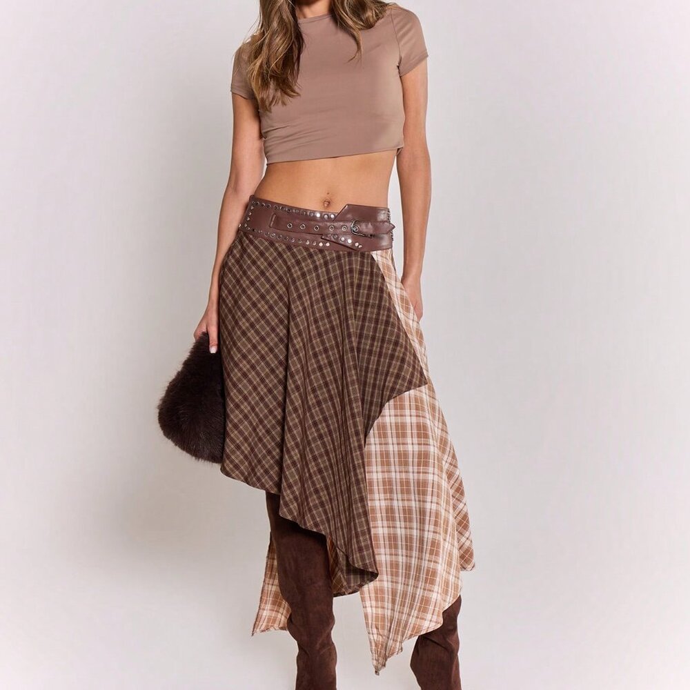 Multicolor Boho Women's Checkered Asymmetric Hem Midi Skirt